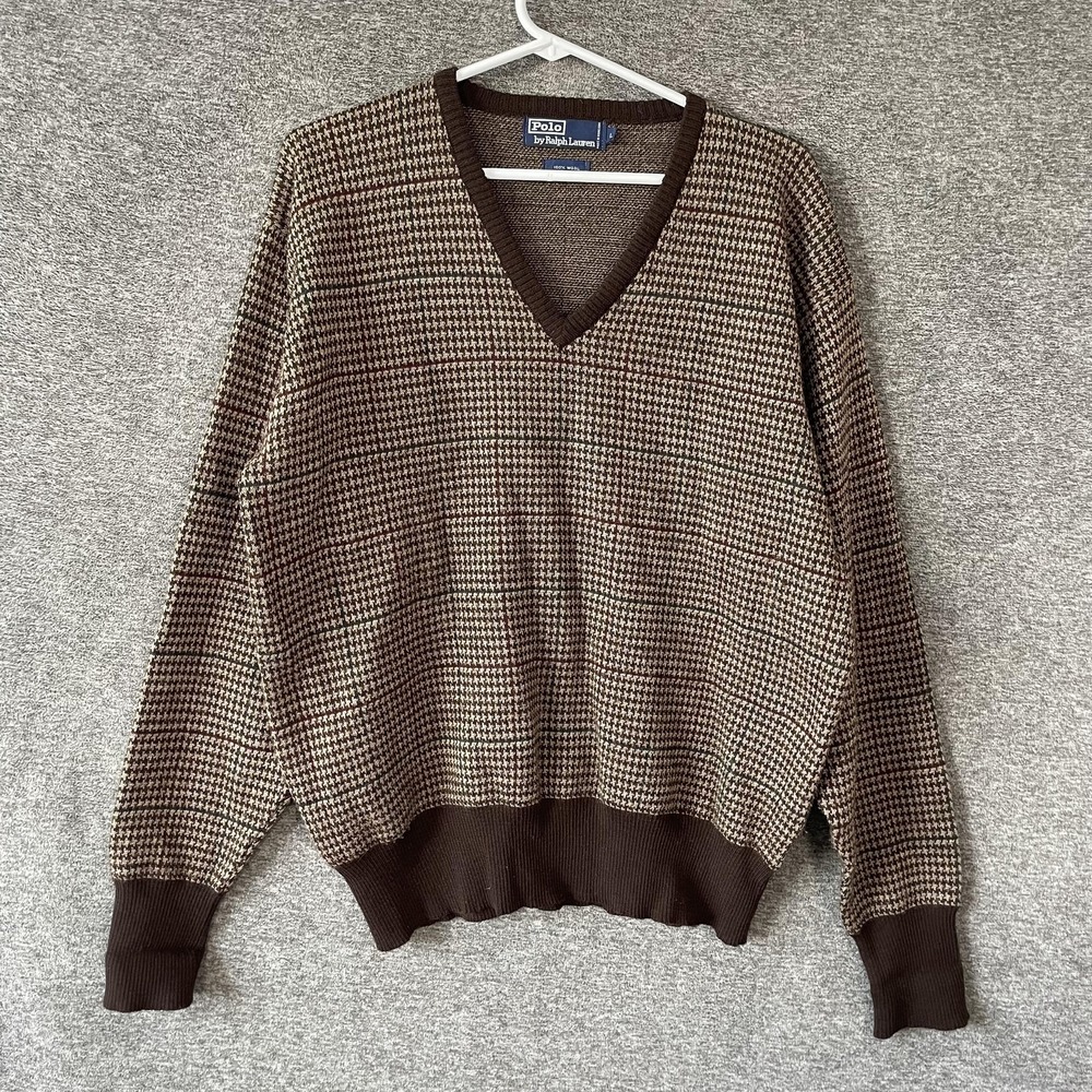 Vintage Polo Ralph Lauren Sweater Mens Large Brown Wool V Neck Check Knit Plaid